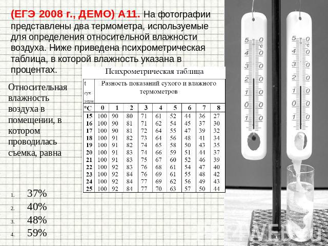 (ЕГЭ 2008 г., ДЕМО) А11. На фотографии представлены два термометра, используемые для определения относительной влажности воздуха. Ниже приведена психрометрическая таблица, в которой влажность указана в процентах. Относительная влажность воздуха в по…
