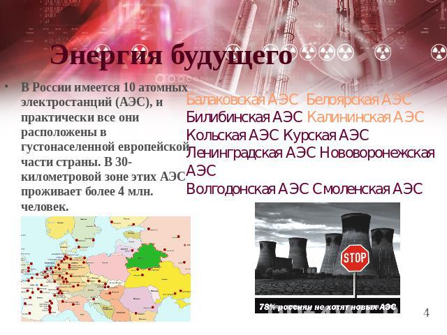 Энергия будущего В России имеется 10 атомных электростанций (АЭС), и практически все они расположены в густонаселенной европейской части страны. В 30-километровой зоне этих АЭС проживает более 4 млн. человек. Балаковская АЭС Белоярская АЭС Билибинск…