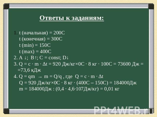 Ответы к заданиям: t (начальная) = 200С t (конечная) = 300С t (min) = 150C t (max) = 400C 2. А ↓; B↑; C = const; D↓ 3. Q = c ∙ m ∙ ∆t = 920 Дж/кг×0С ∙ 8 кг ∙ 100С = 73600 Дж = =73,6 кДж 4. Q = qm → m = Q/q , где Q = c ∙ m ∙ ∆t Q = 920 Дж/кг×0С ∙ 8 к…