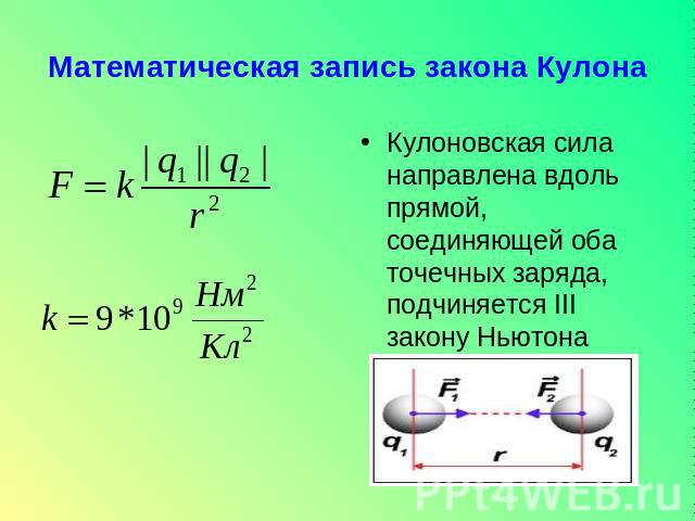 Математическая запись закона Кулона Кулоновская сила направлена вдоль прямой, соединяющей оба точечных заряда, подчиняется III закону Ньютона