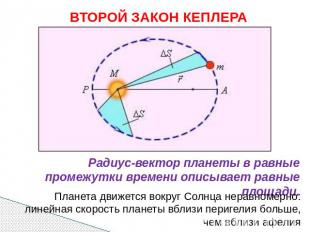ВТОРОЙ ЗАКОН КЕПЛЕРА Радиус-вектор планеты в равные промежутки времени описывает