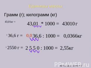 Единицы массы Грамм (г); килограмм (кг)
