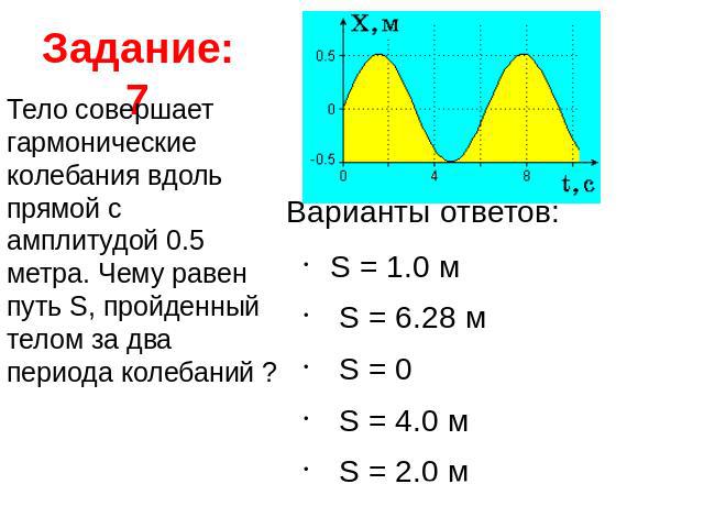 Задание: 7 Тело совершает гармонические колебания вдоль прямой с амплитудой 0.5 метра. Чему равен путь S, пройденный телом за два периода колебаний ? Варианты ответов: S = 1.0 м  S = 6.28 м  S = 0  S = 4.0 м  S = 2.0 м
