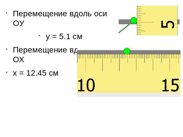 Перемещение вдоль оси ОУ у = 5.1 см Перемещение вдоль оси ОХ х = 12.45 см
