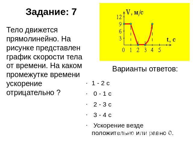 Задание: 7 Тело движется прямолинейно. На рисунке представлен график скорости тела от времени. На каком промежутке времени ускорение отрицательно ? Варианты ответов: 1 - 2 c  0 - 1 c  2 - 3 c  3 - 4 c  Ускорение везде положительно или равно 0.