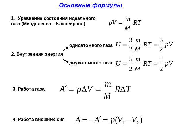 Основные формулы Уравнение состояния идеального газа (Менделеева – Клапейрона) 2. Внутренняя энергия 3. Работа газа 4. Работа внешних сил