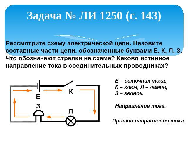 Задача № ЛИ 1250 (с. 143) Рассмотрите схему электрической цепи. Назовите составные части цепи, обозначенные буквами Е, К, Л, З. Что обозначают стрелки на схеме? Каково истинное направление тока в соединительных проводниках?