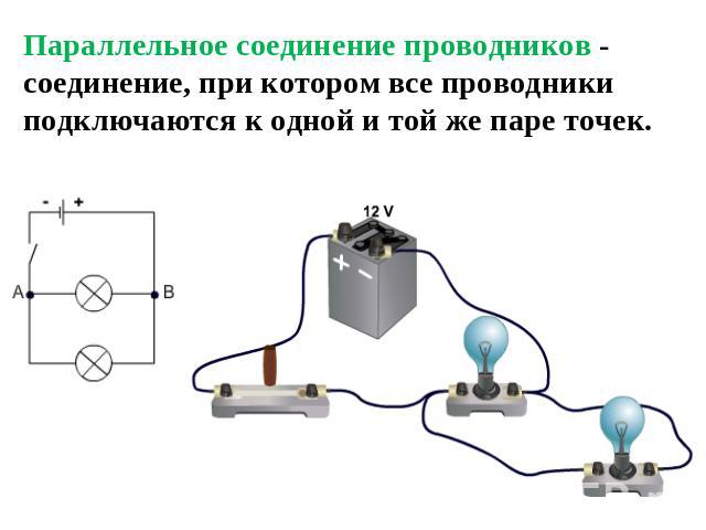 Параллельное соединение проводников - соединение, при котором все проводники подключаются к одной и той же паре точек.