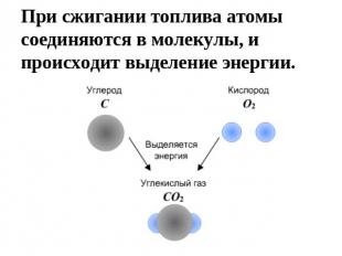 При сжигании топлива атомы соединяются в молекулы, и происходит выделение энерги