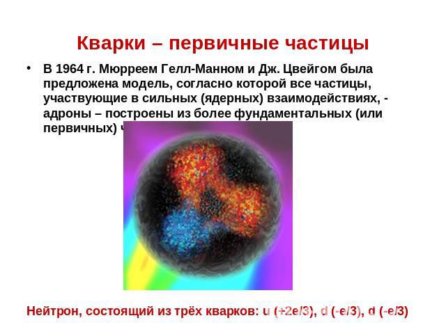 Кварки – первичные частицы В 1964 г. Мюрреем Гелл-Манном и Дж. Цвейгом была предложена модель, согласно которой все частицы, участвующие в сильных (ядерных) взаимодействиях, - адроны – построены из более фундаментальных (или первичных) частиц – квар…