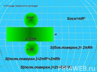 6.Плошадь поверхности цилиндра Sосн=πR² S(бок.поверхн.)= 2πRh S(полн.поверхн.)=2