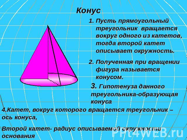 Конус Пусть прямоугольный треугольник вращается вокруг одного из катетов, тогда второй катет описывает окружность. Полученная при вращении фигура называется конусом. 3. Гипотенуза данного треугольника-образующая конуса 4.Катет, вокруг которого враща…