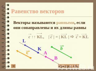 Равенство векторов Векторы называются равными, если они сонаправлены и их длины