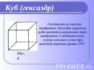 Куб (гексаэдр) Составлен из шести квадратов. Каждая вершина куба является вершин