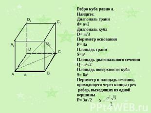 Ребро куба равно а. Найдите: Диагональ грани d= a√2 Диагональ куба D= a√3 Периме