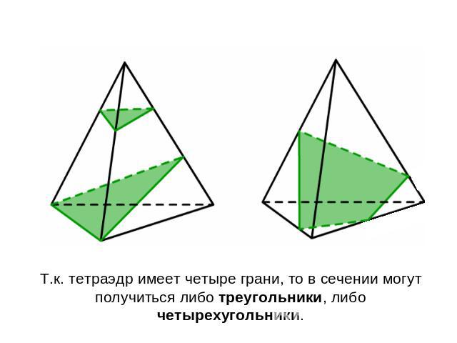 Т.к. тетраэдр имеет четыре грани, то в сечении могут получиться либо треугольники, либо четырехугольники.