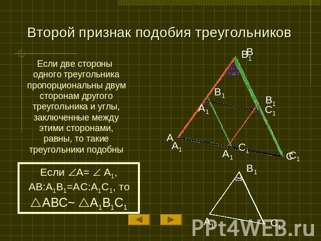 Второй признак подобия треугольников Если две стороны одного треугольника пропорциональны двум сторонам другого треугольника и углы, заключенные между этими сторонами, равны, то такие треугольники подобны
