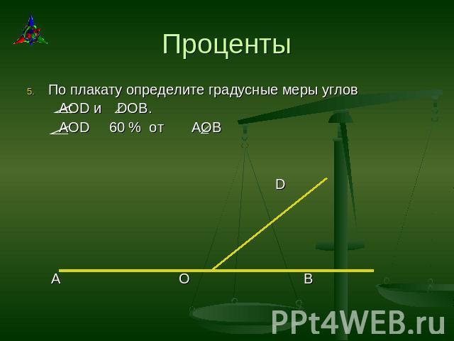 Проценты По плакату определите градусные меры углов AOD и DOB. AOD 60 % от АОВ D A O B