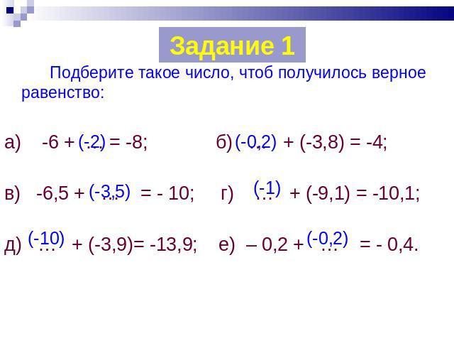 Задание 1 Подберите такое число, чтоб получилось верное равенство: а) -6 + … = -8; б) … + (-3,8) = -4; в) -6,5 + … = - 10; г) … + (-9,1) = -10,1; д) … + (-3,9)= -13,9; е) – 0,2 + … = - 0,4.