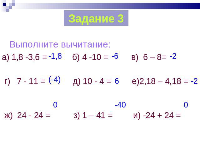 Задание 3 Выполните вычитание: а) 1,8 -3,6 = б) 4 -10 = в) 6 – 8= г) 7 - 11 = д) 10 - 4 = е)2,18 – 4,18 = ж) 24 - 24 = з) 1 – 41 = и) -24 + 24 =