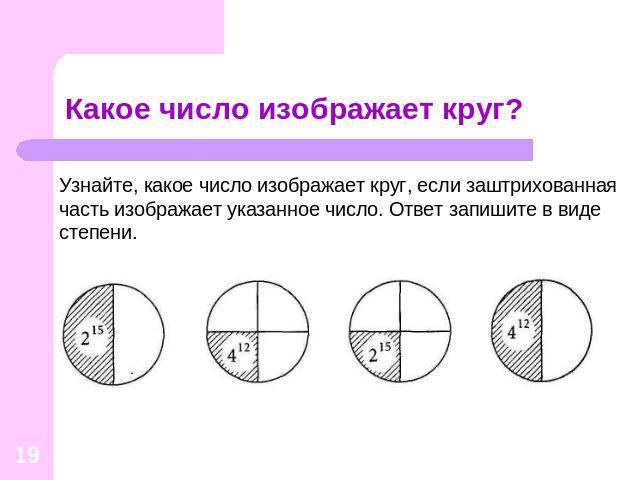Какое число изображает круг? Узнайте, какое число изображает круг, если заштрихованная часть изображает указанное число. Ответ запишите в виде степени.