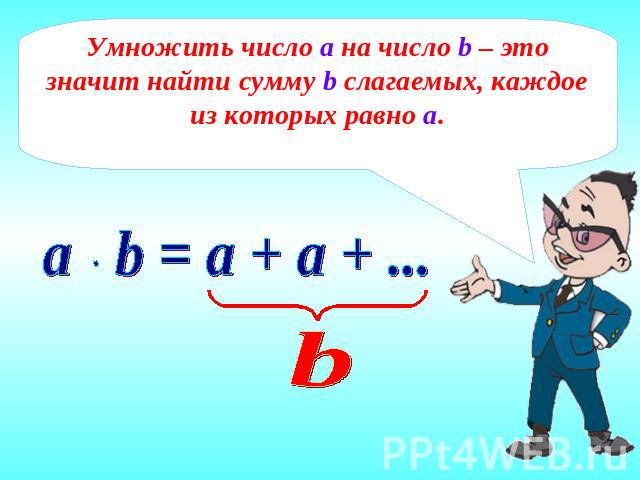 Умножить число а на число b – это значит найти сумму b слагаемых, каждое из которых равно а.