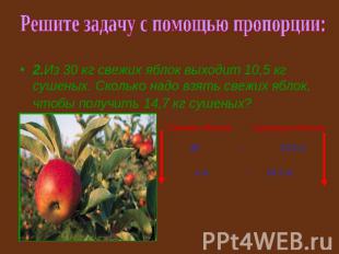 Решите задачу с помощью пропорции: 2.Из 30 кг свежих яблок выходит 10,5 кг сушен