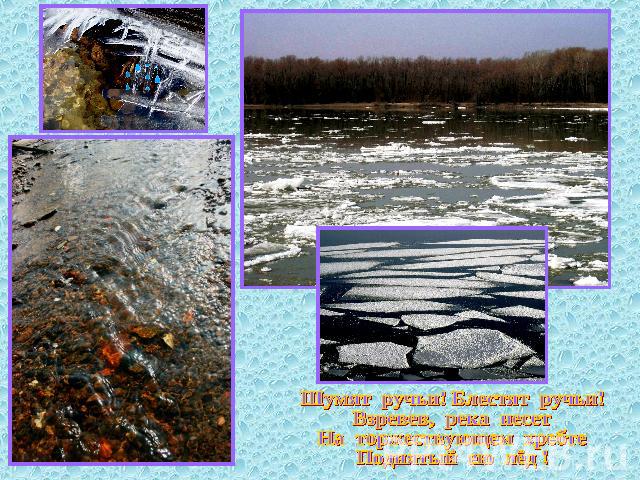 Шумят ручьи! Блестят ручьи! Взревев, река несет На торжествующем хребте Поднятый ею лёд !