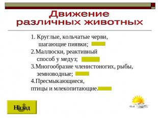 Движение различных животных Круглые, кольчатые черви, шагающие пиявки; 2.Маллюск