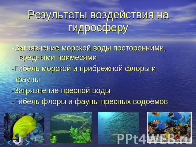 Результаты воздействия на гидросферу -Загрязнение морской воды посторонними, вредными примесями -Гибель морской и прибрежной флоры и фауны -Загрязнение пресной воды -Гибель флоры и фауны пресных водоёмов