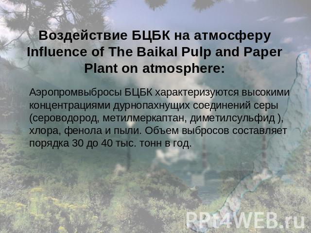 Воздействие БЦБК на атмосферу Influence of The Baikal Pulp and Paper Plant on atmosphere: Аэропромвыбросы БЦБК характеризуются высокими концентрациями дурнопахнущих соединений серы (сероводород, метилмеркаптан, диметилсульфид ), хлора, фенола и пыли…