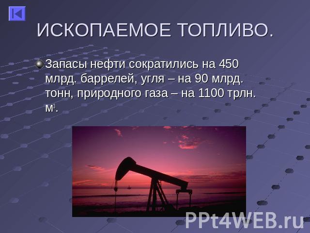 ИСКОПАЕМОЕ ТОПЛИВО. Запасы нефти сократились на 450 млрд. баррелей, угля – на 90 млрд. тонн, природного газа – на 1100 трлн. м3.