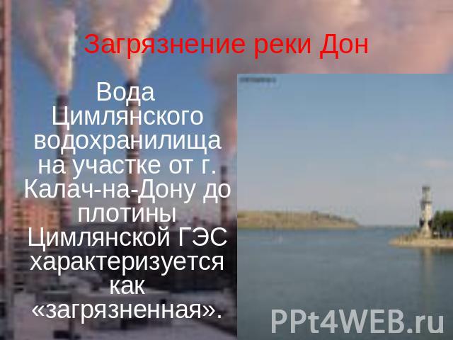 Загрязнение реки Дон Вода Цимлянского водохранилища на участке от г. Калач-на-Дону до плотины Цимлянской ГЭС характеризуется как «загрязненная».