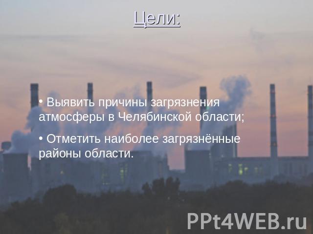 Цели: Выявить причины загрязнения атмосферы в Челябинской области; Отметить наиболее загрязнённые районы области.