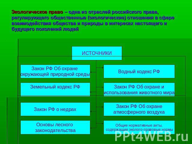 Экологическое право – одна из отраслей российского права, регулирующего общественные (экологические) отношения в сфере взаимодействия общества и природы в интересах настоящего и будущего поколений людей