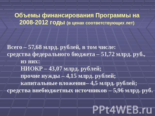 Объемы финансирования Программы на 2008-2012 годы (в ценах соответствующих лет)Всего – 57,68 млрд. рублей, в том числе:средства федерального бюджета – 51,72 млрд. руб., из них: НИОКР – 43,07 млрд. рублей; прочие нужды – 4,15 млрд. рублей; капитальны…