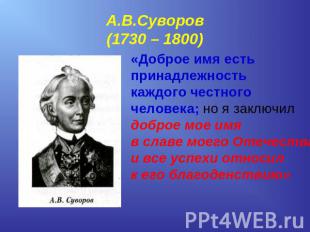 А.В.Суворов(1730 – 1800) «Доброе имя есть принадлежность каждого честного челове