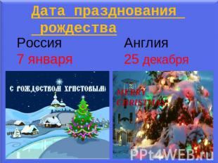 Дата празднования рождества Россия7 января Англия 25 декабря