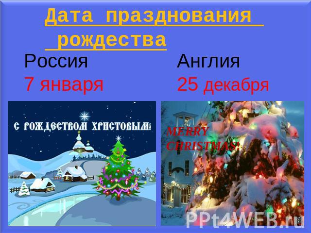 Дата празднования рождества Россия7 января Англия 25 декабря