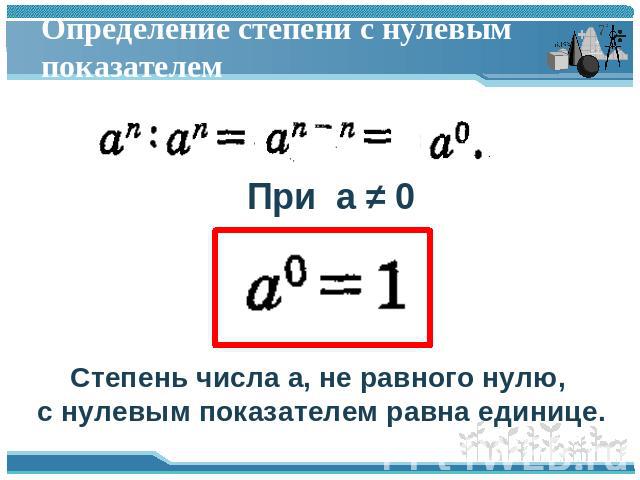 Определение степени с нулевым показателем Степень числа a, не равного нулю, с нулевым показателем равна единице.