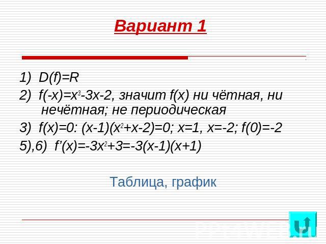 Вариант 1 1) D(f)=R2) f(-x)=x3-3x-2, значит f(x) ни чётная, ни нечётная; не периодическая3) f(x)=0: (x-1)(x2+x-2)=0; x=1, x=-2; f(0)=-25),6) f’(x)=-3x2+3=-3(x-1)(x+1)Таблица, график