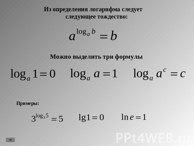 Из определения логарифма следует следующее тождество: Можно выделить три формулы