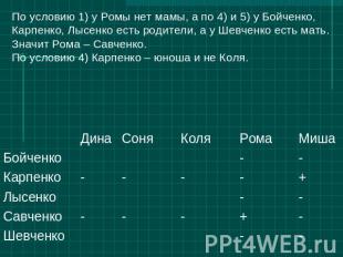 По условию 1) у Ромы нет мамы, а по 4) и 5) у Бойченко,Карпенко, Лысенко есть ро