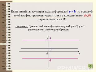 Если линейная функция задана формулой у = b, то есть k=0,то её график проходит ч