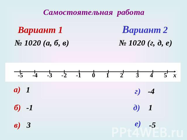 Самостоятельная работа Вариант 1 Вариант 2 № 1020 (а, б, в)№ 1020 (г, д, е)