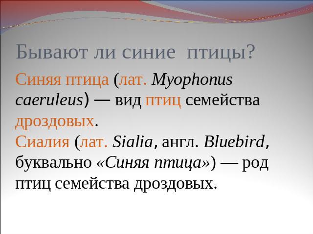 Бывают ли синие птицы? Синяя птица (лат. Myophonus caeruleus) — вид птиц семейства дроздовых. Сиалия (лат. Sialia, англ. Bluebird, буквально «Синяя птица») — род птиц семейства дроздовых.