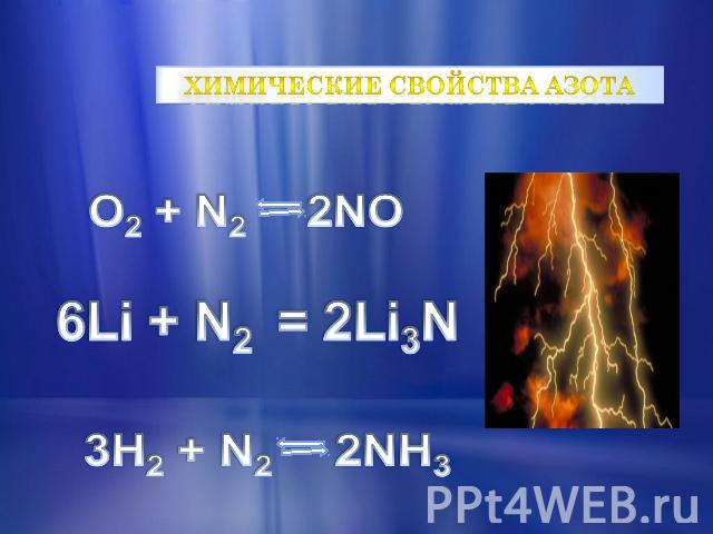 Химические свойства азота O2 + N2 2NO 6Li + N2 = 2Li3N 3H2 + N2 2NH3
