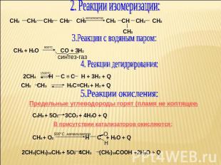 2. Реакции изомеризации: СН3 СН2 СН2 СН2 СН3 СН3 СН СН2 СН3 3.Реакции с водяным