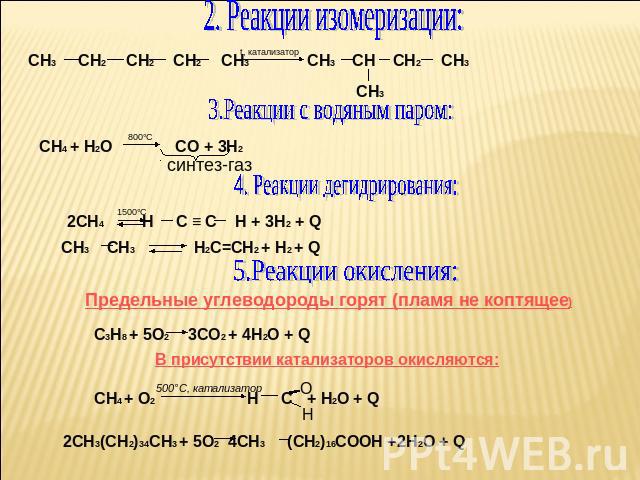 2. Реакции изомеризации: СН3 СН2 СН2 СН2 СН3 СН3 СН СН2 СН3 3.Реакции с водяным паром: СН4 + Н2О СО + 3Н2 синтез-газ 4. Реакции дегидрирования: 2СН4 Н С ≡ С Н + 3Н2 + Q СН3 СН3 Н2С=СН2 + Н2 + Q 5.Реакции окисления: Предельные углеводороды горят (пла…