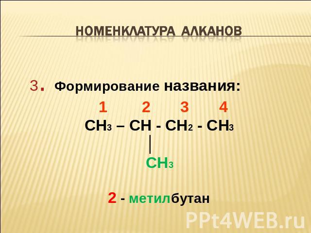 Номенклатура алканов 3. Формирование названия: 1 2 3 4 CH3 – CH - CH2 - CH3 │ CH3 2 - метилбутан